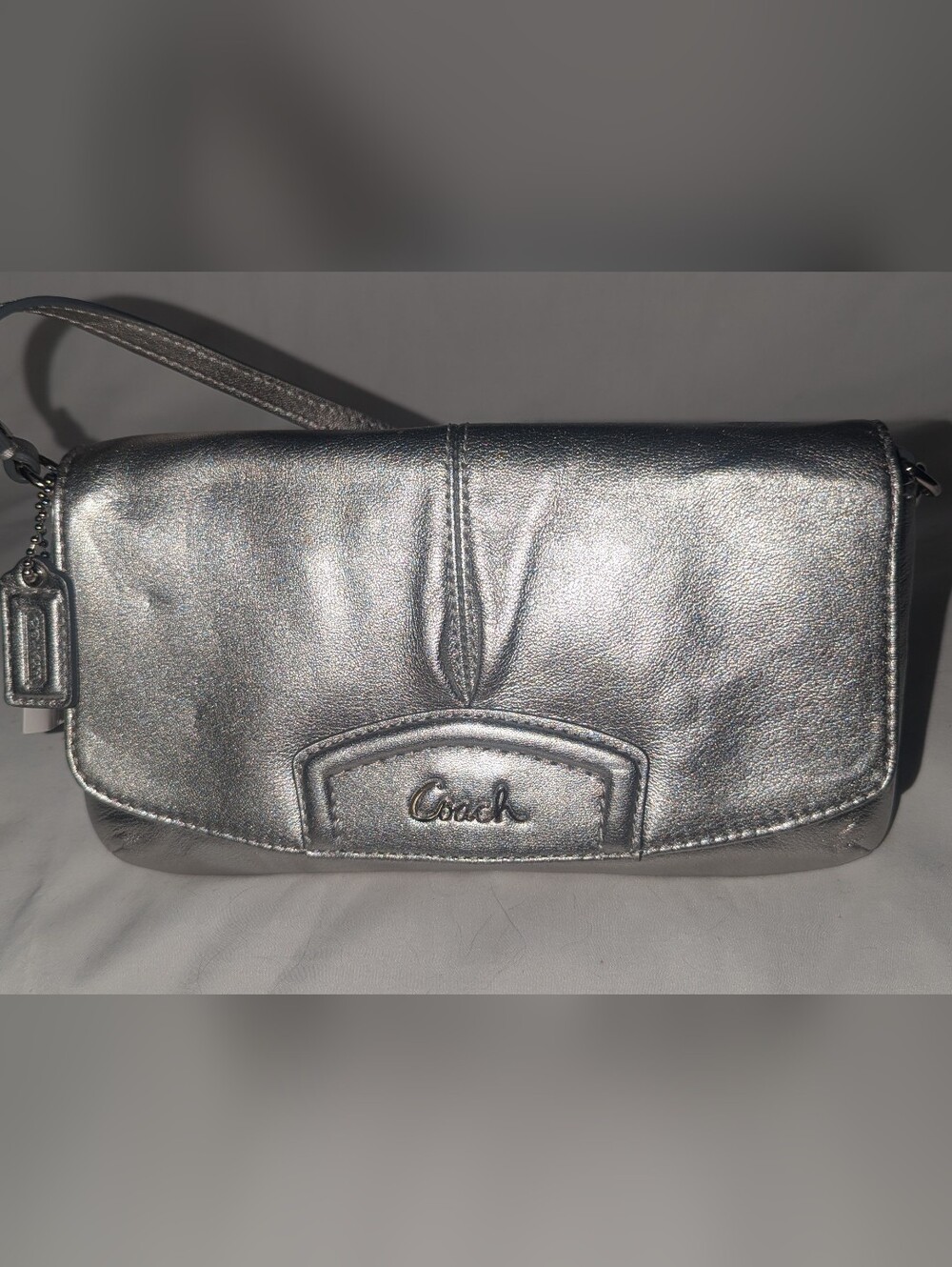 NWT Coach Large Silver Metallic Wristlet Clutch F 48245